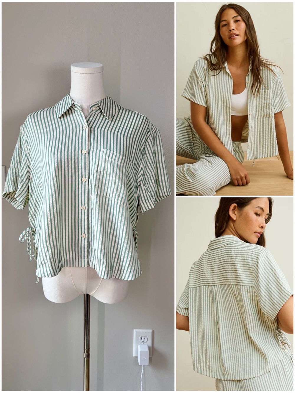 American Eagle Green Striped Short-Sleeve Side-Tie Button-Up Shirt Coastal Boho